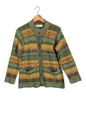 Alpaca Queen Green 100% Alpaca Cardigan Sweater Peruvian Geometric Inca L
